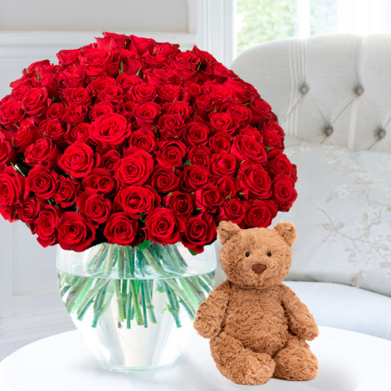 100 Luxury Red Roses & Jellycat® Bartholomew Bear (28cm)