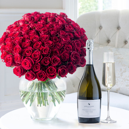 100 Luxury Red Roses & Prosecco