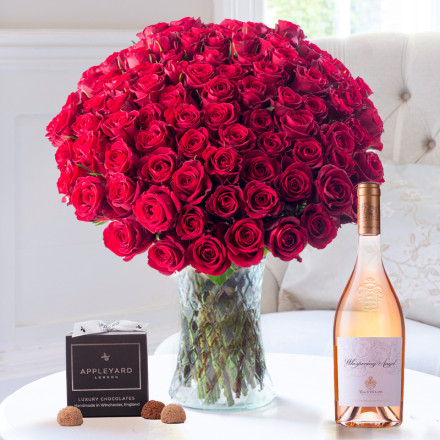 100 Luxury Red Roses, Whispering Angel & 12 Mixed Truffles