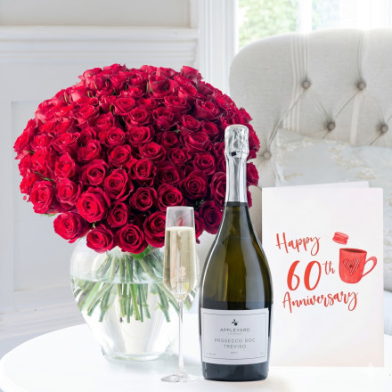 100 Red Roses,Appleyard Prosecco (75cl) & 60th Anniversary Card