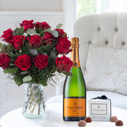 12-24 Large Headed Red Roses, 6 Truffles & Veuve Clicquot (75cl)