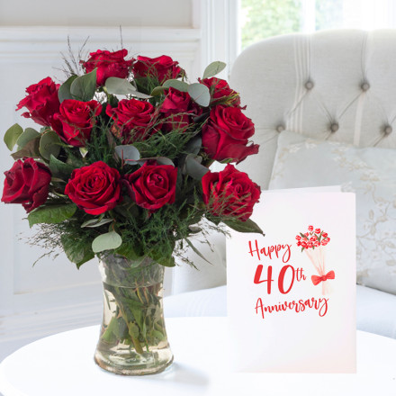 12 Large Headed Red Roses, Vase & 40th Anniversary Card