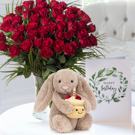 50 Luxury Red Roses, Jellycat Birthday Bunny (31cm) & Birthday Card