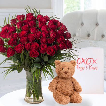 50 Luxury Red Roses, Jellycat® Bartholomew Bear (28cm) & Romance Card 