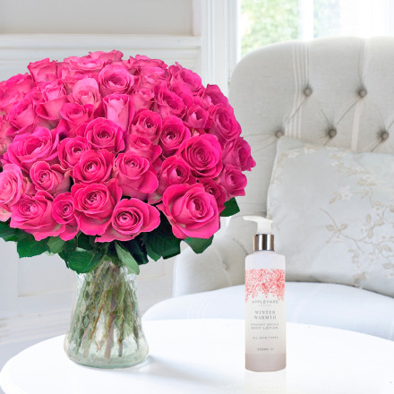 50 Pink Roses, 6 Truffles & Romance Card