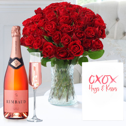 50 Red Roses, Champagne Rimbaud Brut Rosé (75cl) & Romance Card