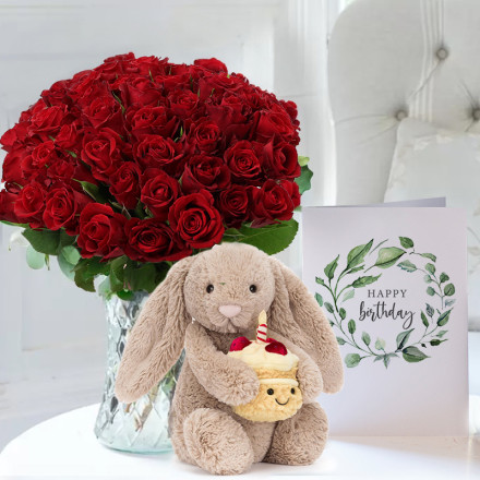 50 Red Roses, Jellycat Birthday Bunny & Birthday Card (31cm)