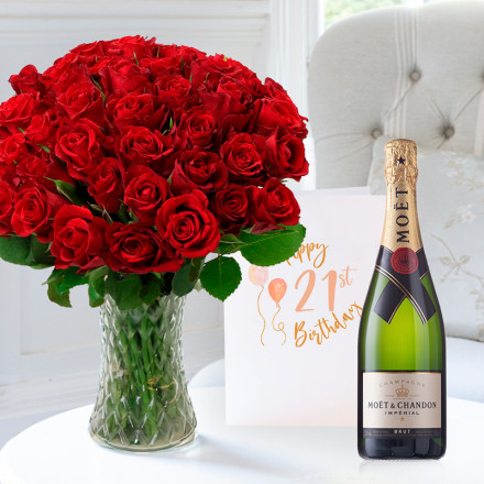 50 Red Roses, Moët & Chandon (75cl) & 21st Birthday Card