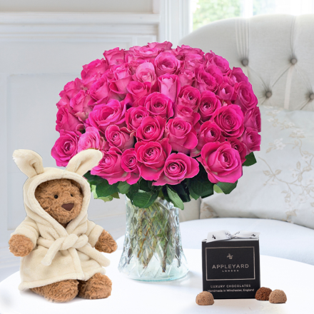 50 Pink Roses, Jellycat Bartholomew Bear Bathrobe (26cm) & 12 Appleyard Truffles