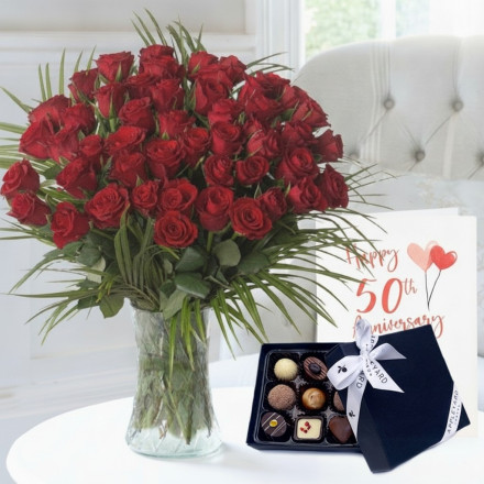 50 Luxury Red Roses, 9 Luxury Chocolates & 50th Anniversary Card