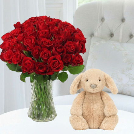 50 Red Roses, Jellycat Luxe Puppy Orlando (31cm)