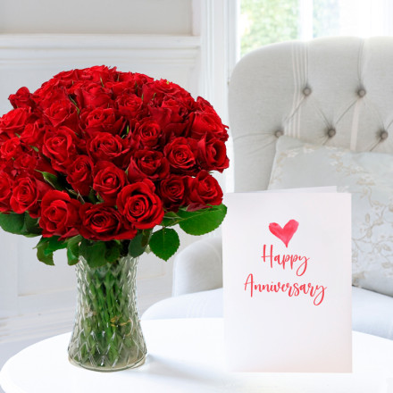 50 Red Roses & Anniversary Card
