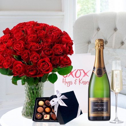 50 Red Roses, Dericbourg Champagne, Box of 9 Chocolates & Romance Card