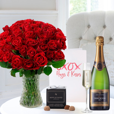 50 Red Roses, Dericbourg Champagne, 12 Mixed Truffles & Romance Card