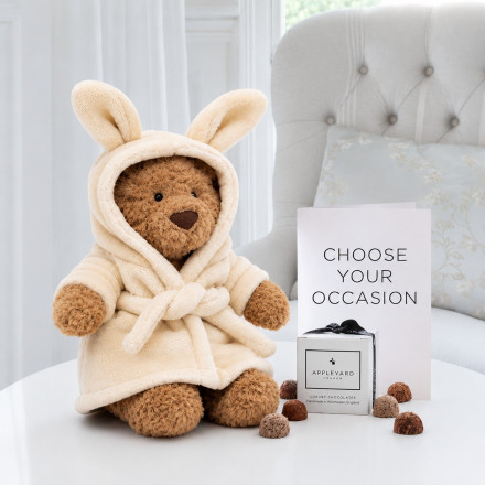 Jellycat Bartholomew Bear Bathrobe 26cm, 6 Mixed Truffles & Occasion Card