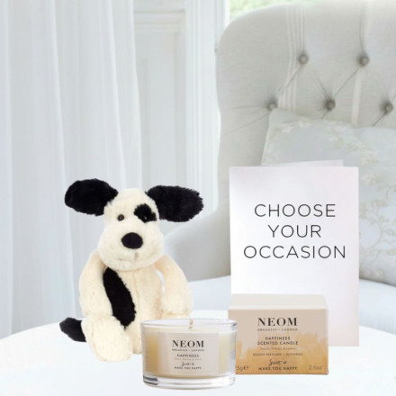 Bashful Black & Cream Puppy (31cm), NEOM Happiness Candle (75g) & Occasion Card