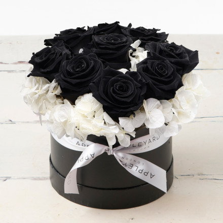 Black Rose & White Hydrangea Hatbox (Lasts Up To A Year)