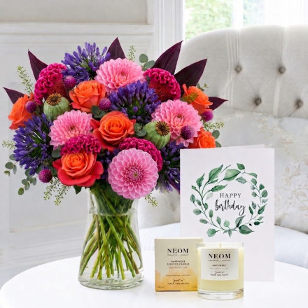 Dahlia Delight, NEOM Happiness Candle (185g) & Birthday Card