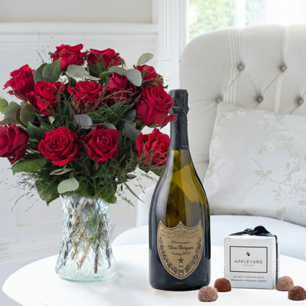 12-24 Large Headed Red Roses, 6 Truffles & Dom Perignon (75cl)
