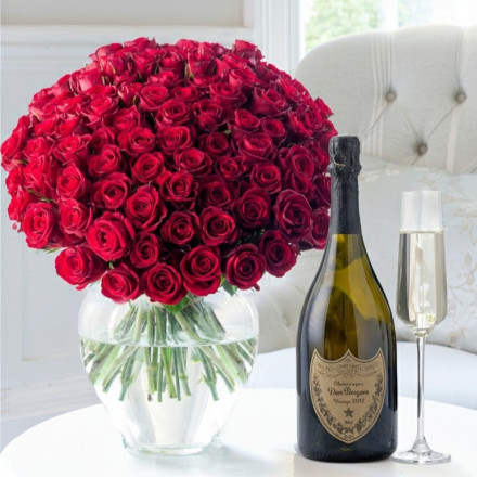 100 Luxury Red Roses & Dom Perignon