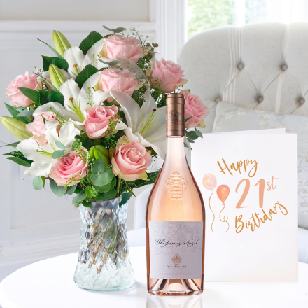 Simply Pink Rose & Lily, Whispering Angel (75cl) & 21st Birthday Card