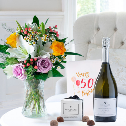 Glaze, Appleyard Prosecco (75cl), 6 Mixed Truffles. & 50th Birthday Card