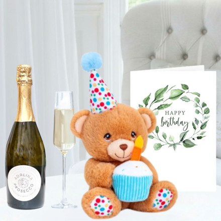 Keeleco Happy Birthday Bear (15cm), Appleyard Prosecco (75cl) & Birthday Card