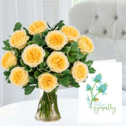 Lemon Peony Roses, Vase & Sympathy Card