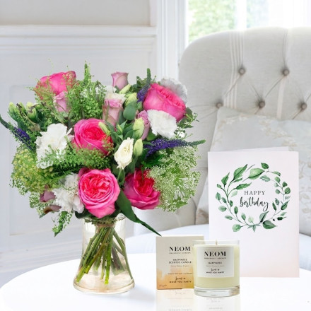 Lilac & Peony Rose, NEOM Happiness Candle (185g) & Birthday Card