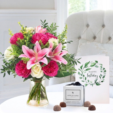 Peony Rose & Lily, 6 Truffles & Birthday Card