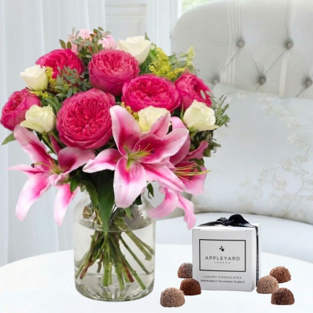 Peony Rose & Lily, Vase & 6 Mixed Truffles