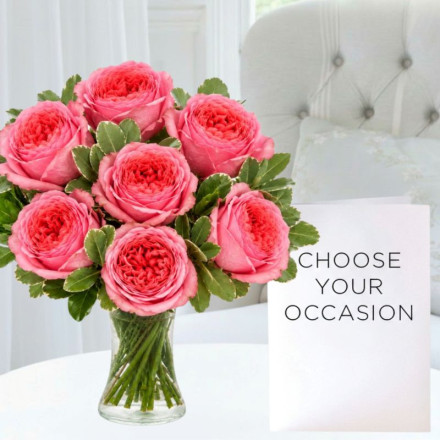 Pink Peony Roses, Vase & Occasion Card