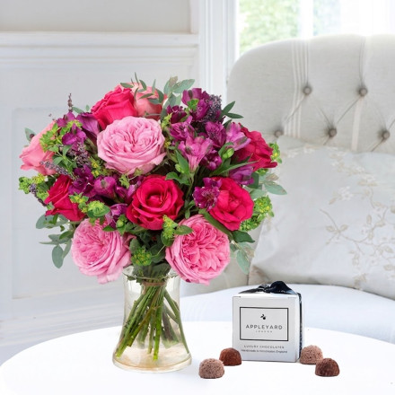 Pomegranate Peony Rose, 6 Mixed Truffles & Vase