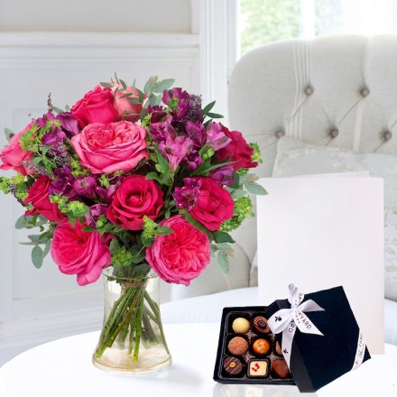 Pomegranate Peony Rose, 9 Luxury Chocolates & Free Card
