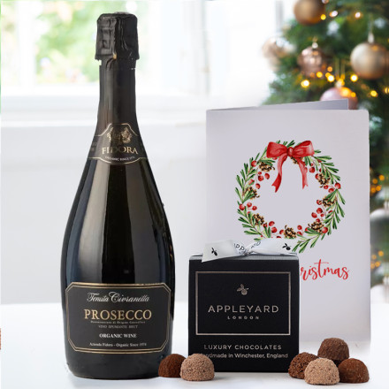 Prosecco Fidora Organic (75cl), 12 Mixed Truffles & Christmas Card