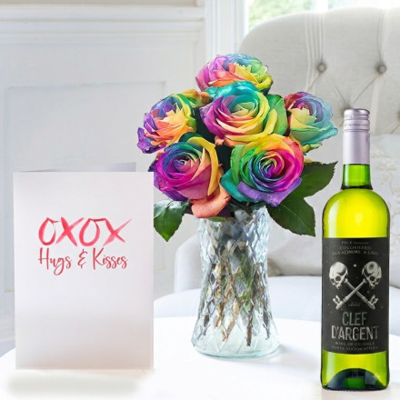 Rainbow Roses, Clef D'Argent Sauvignon Blanc & Romance Card