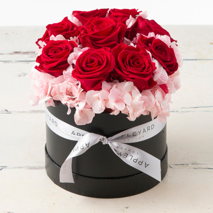 Red Rose & Pink Hydrangea Hatbox (Lasts Up To A Year)