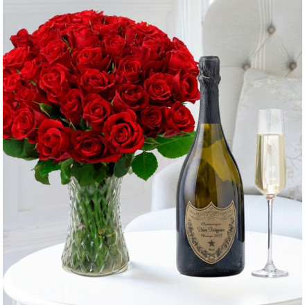 50 Red Roses & Dom Perignon