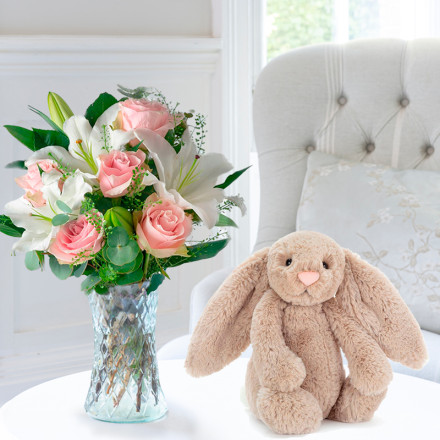 Simply Pink Rose & Lily & Jellycat Bashful Beige Bunny (31cm)