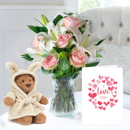 Simply Pink Rose & Lily, Jellycat Bartholomew Bear Bathrobe (26cm) & Romance Card