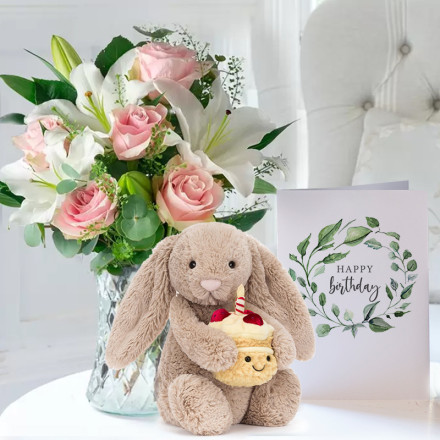 Simply Pink Rose & Lily, Jellycat Birthday Bunny & Birthday Card (31cm)