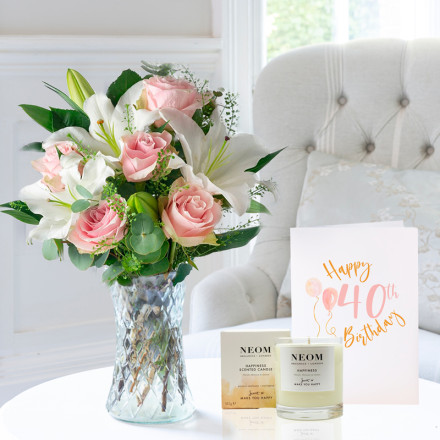 Simply Pink Rose & Lily, NEOM Happiness Candle (185g) & 40th Birthday Card