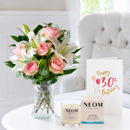 Simply Pink Rose & Lily, NEOM Real Luxury Candle (185g) & 30th Birthday Card