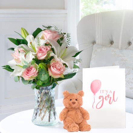 Simply Pink Rose & Lily, Small Bartholomew Bear (16cm), Vase & New Baby Girl Card
