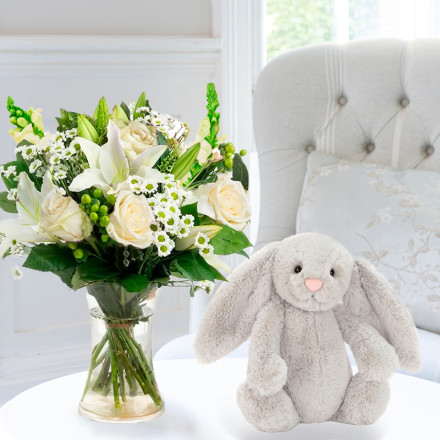 Simply White Rose & Lily & Jellycat® Bashful Silver Bunny (31cm)