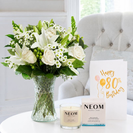 Simply White Rose & Lily, NEOM Real Luxury Candle (185g) & 80th Birthday Card