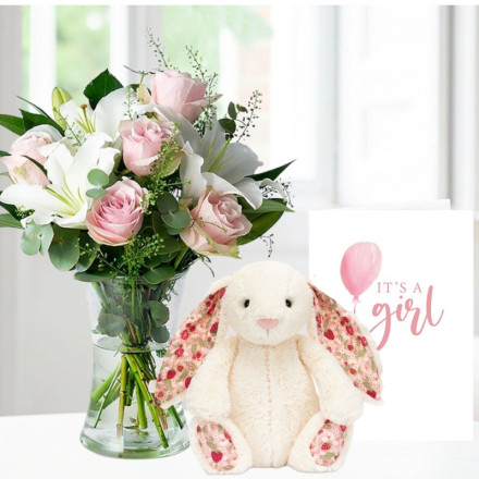 Simply Pink Rose & Lily, Jellycat Blossom Cream Bunny (18cm) & Baby Girl Card