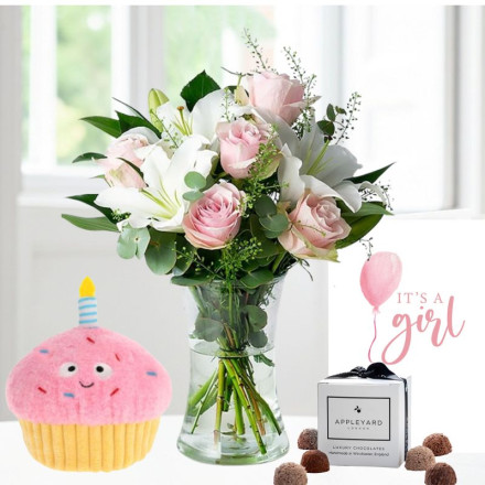 Simply Pink Rose & Lily, Keels Snackies Cupcake(18cm), 6 Mixed Truffles & Baby Girl Card