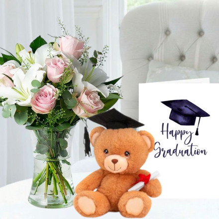 Simply Pink Rose & Lily, Vase, Keeleco Graduation Bear (15cm) & Graduation Card