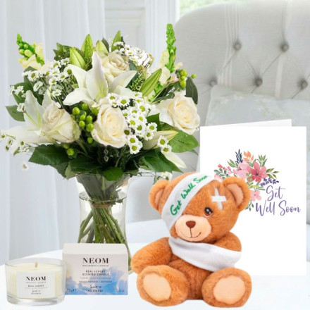 Simply White Rose & Lily, Keels Get Well soon Bear (15cm), Neom Happiness Candle (75g) & Get Well Card